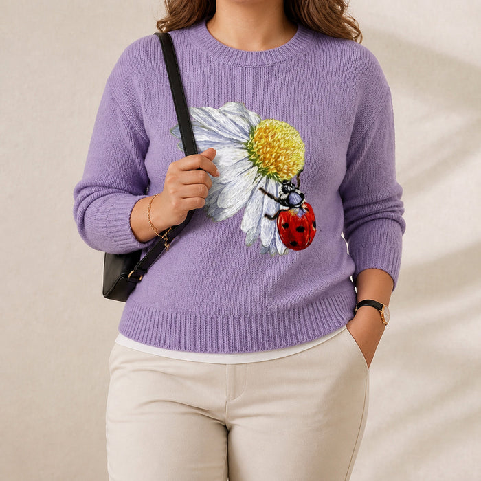Women's Daisy Print Round-Neck Jumper with Ladybird Detail