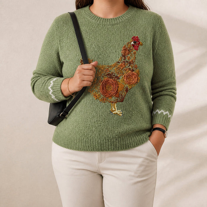 Women's Crew Neck Jumper with Embroidered Hen Motif