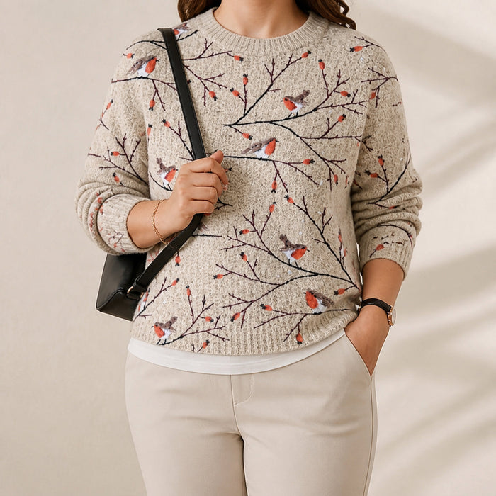 Women's Robin Branch Print Jumper Crew Neck Relaxed Fit
