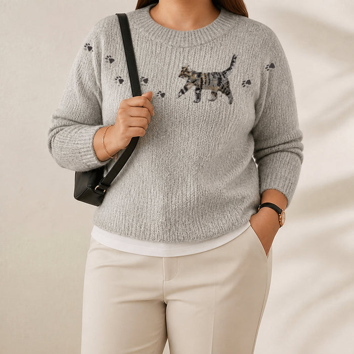 Women's Cat Print Jumper with Round Neck and Relaxed Fit