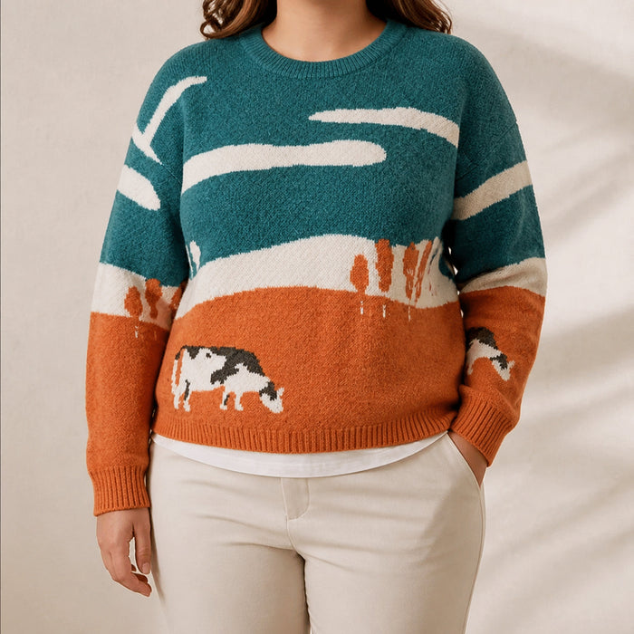 Women's Landscape Print Round Neck Jumper with Cow Motif