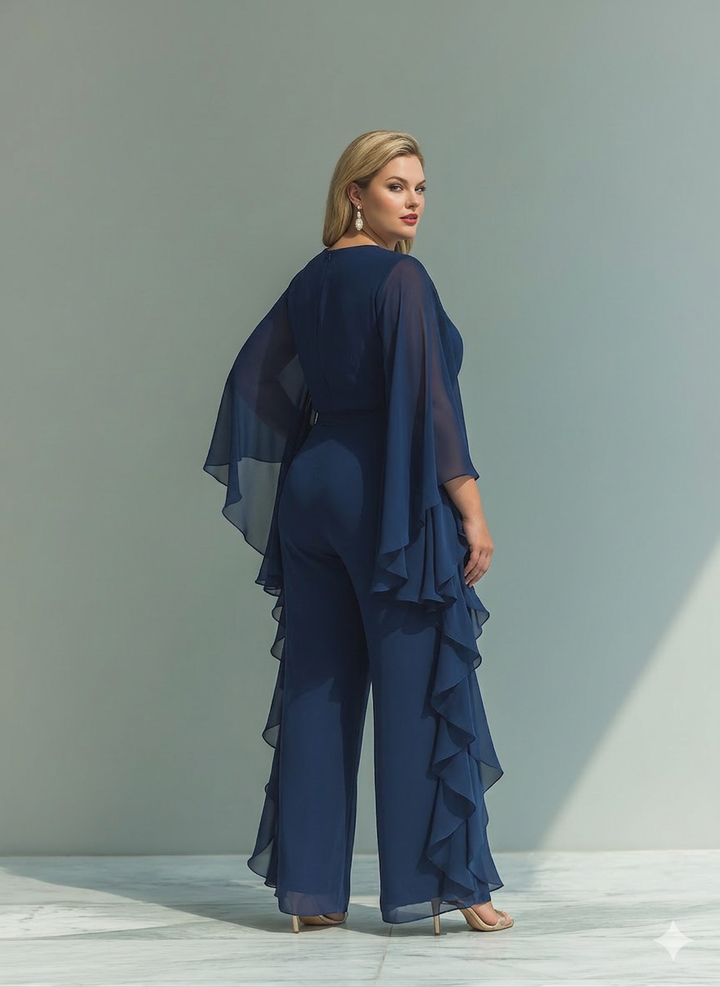 Navy Blue Chiffon Top Set with Flared Sleeves and Straight Leg Trousers with Ruché Details