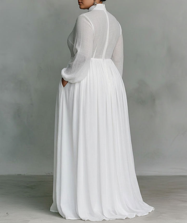 Vera - Maxi Minimalist Dress with Patchwork, High Collar and Long Sleeves