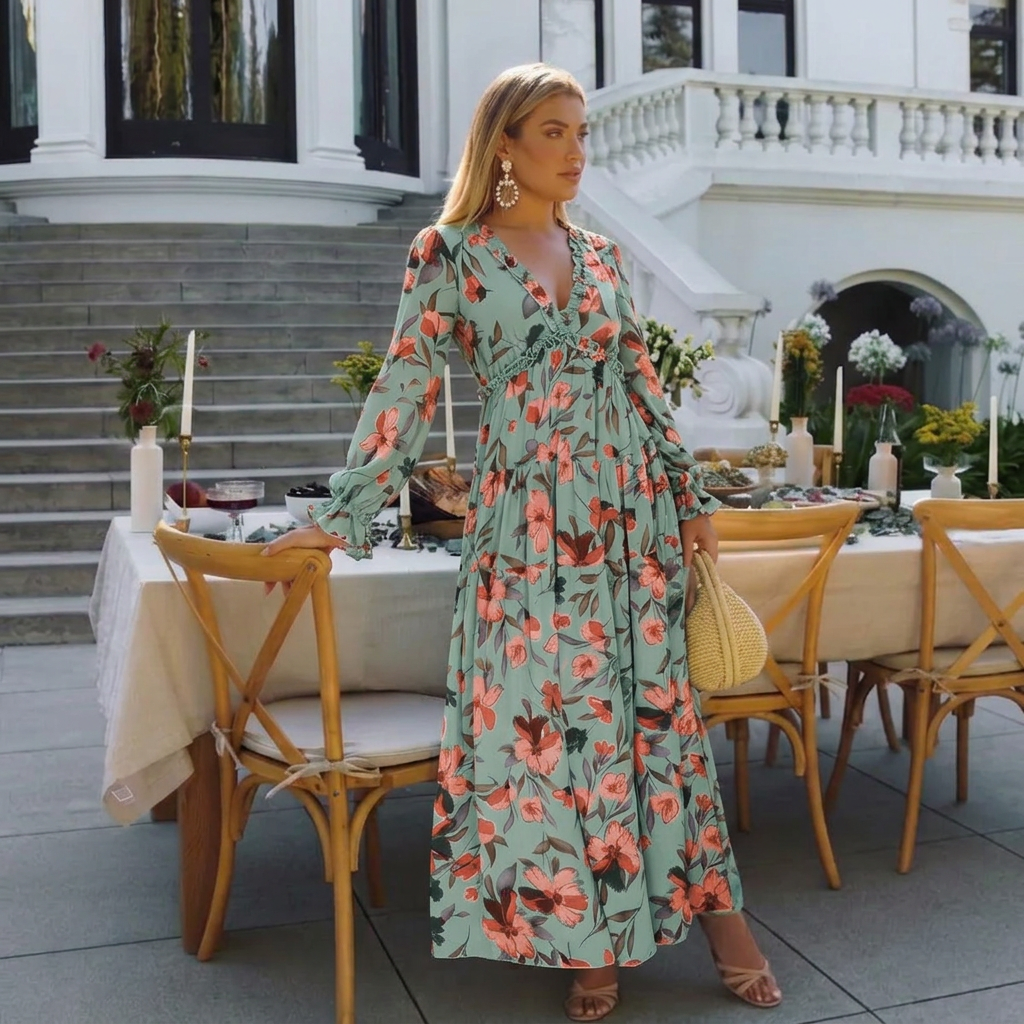 Harlow | Floral V-Neck Long Sleeve Maxi Dress