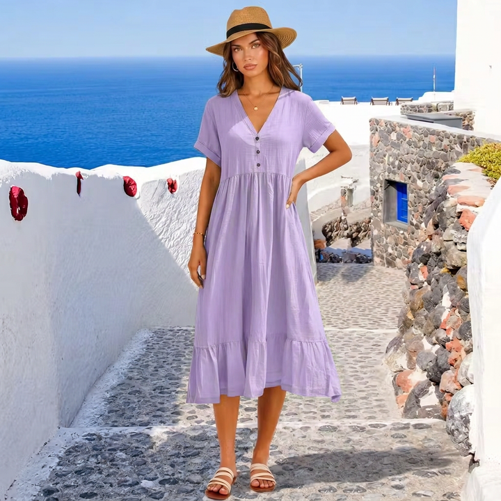 Ilse | V-Neck Button Front Tiered Midi Dress
