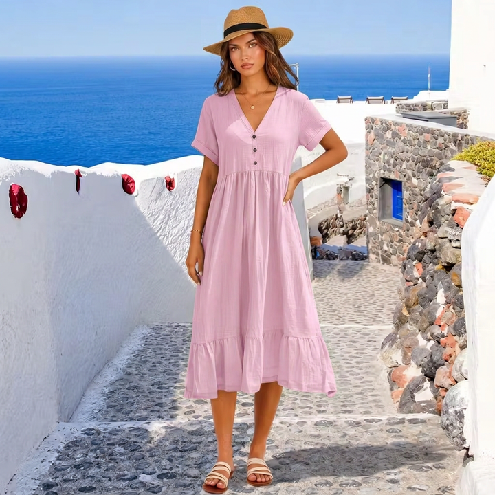 Ilse | V-Neck Button Front Tiered Midi Dress