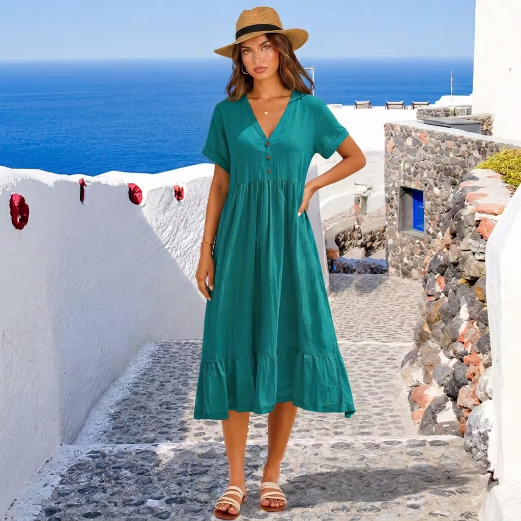Ilse | V-Neck Button Front Tiered Midi Dress