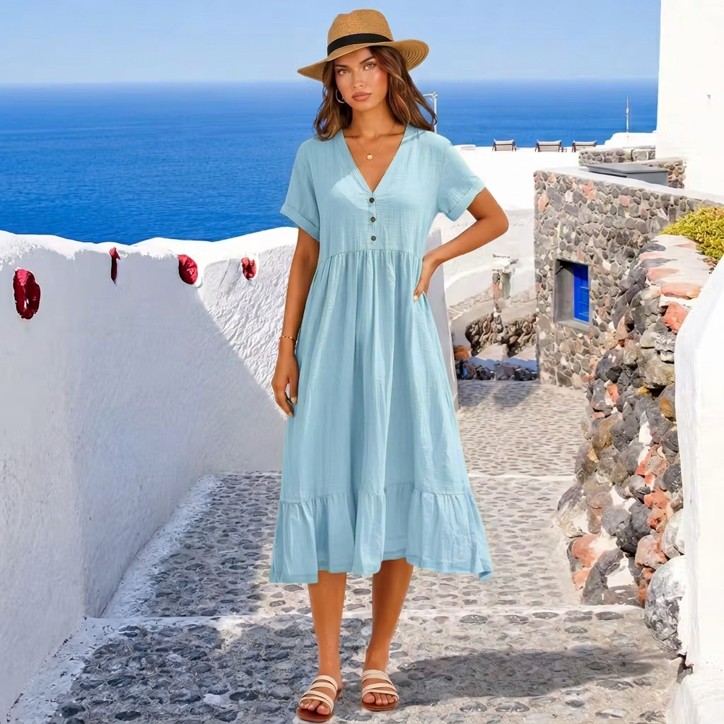 Ilse | V-Neck Button Front Tiered Midi Dress