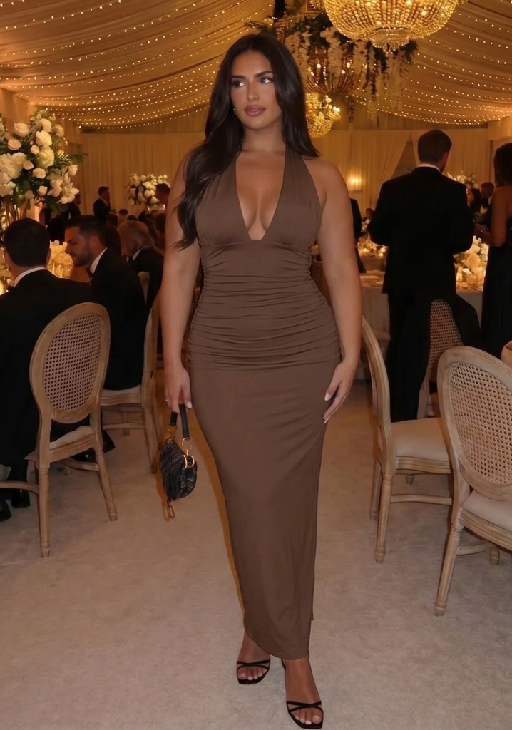 Ingrid | Ruched Halter-Neck Bodycon Maxi Dress