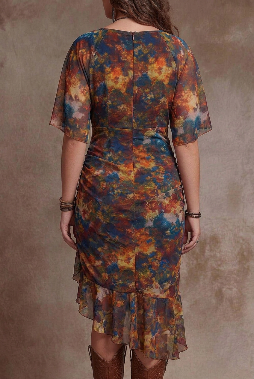 Livia | Bohemian Abstract V-Neck Pleated Midi Dress