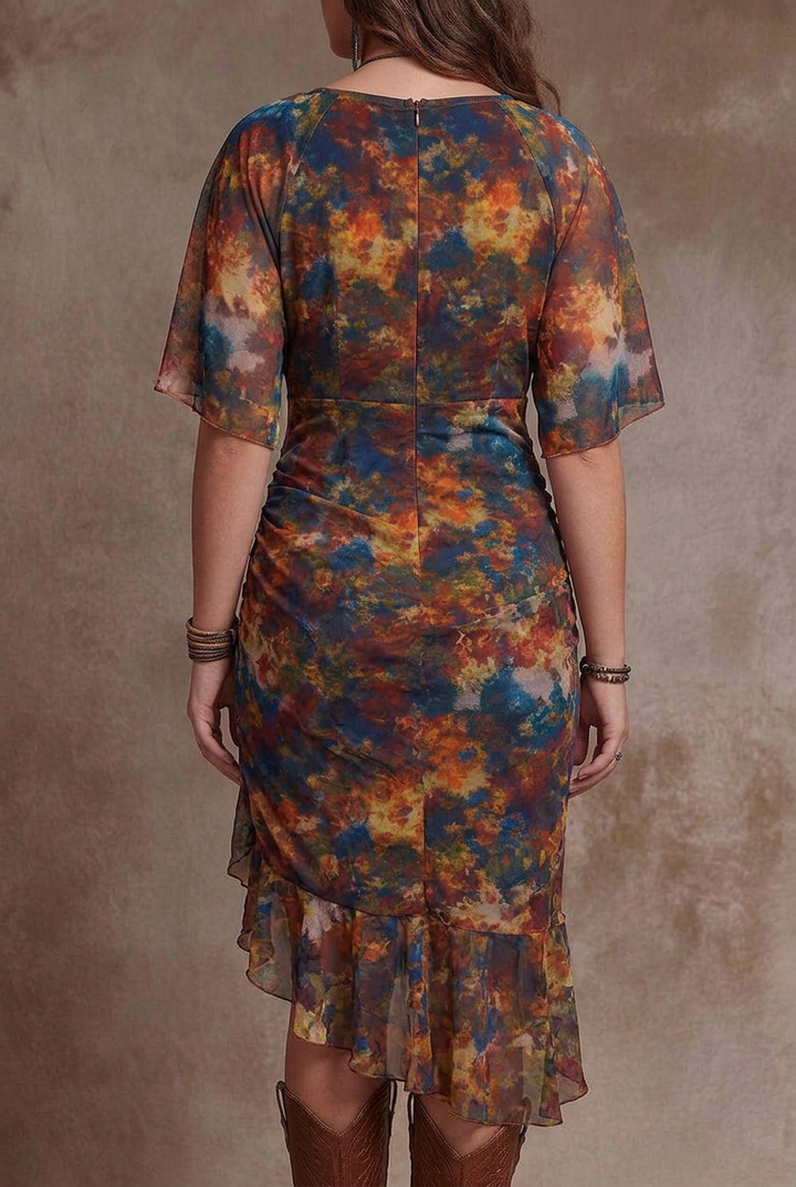 Livia | Bohemian Abstract V-Neck Pleated Midi Dress