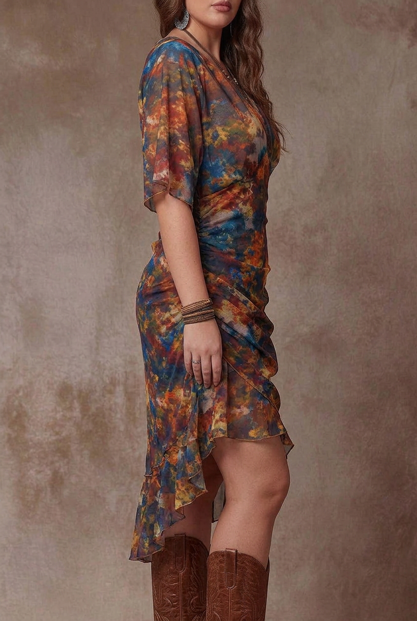 Livia | Bohemian Abstract V-Neck Pleated Midi Dress