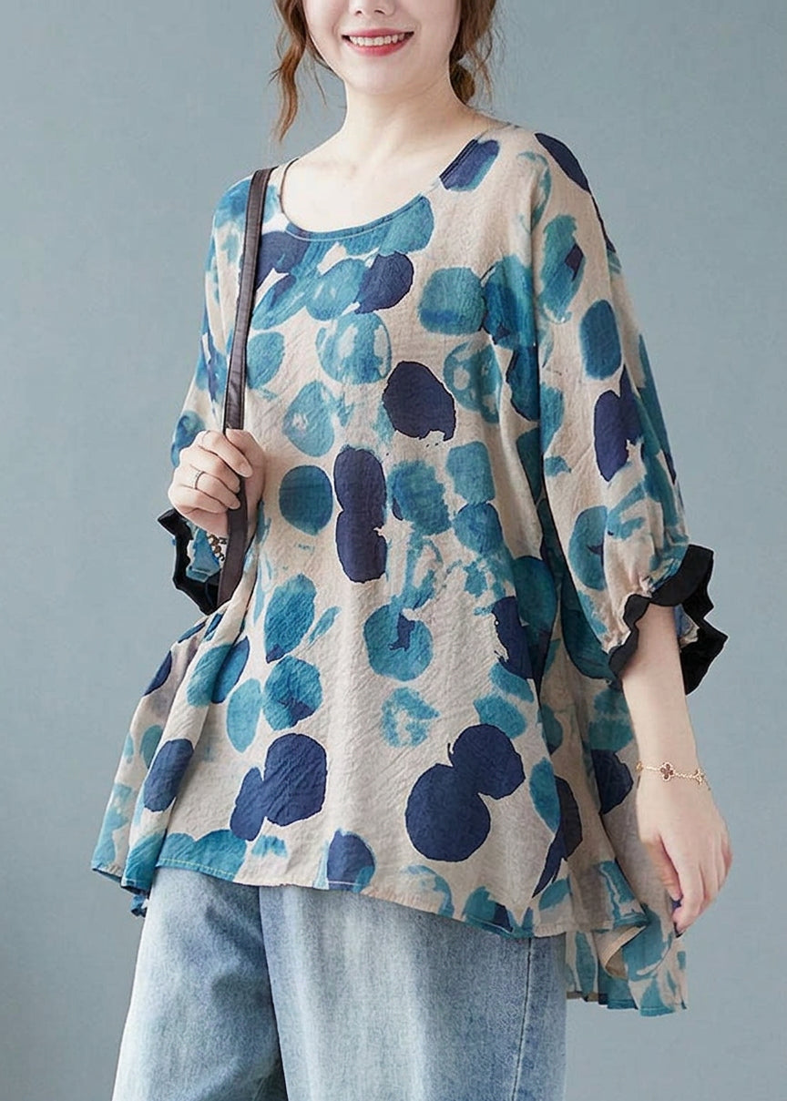 Linnea - Loose Blue Dotted Batwing Sleeve Cotton Linen Tee