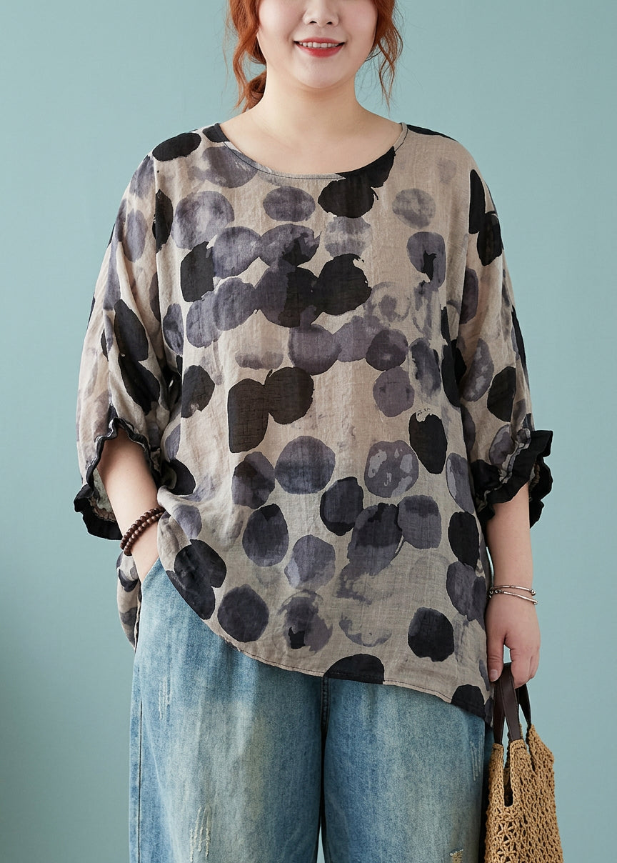 Linnea - Loose Blue Dotted Batwing Sleeve Cotton Linen Tee