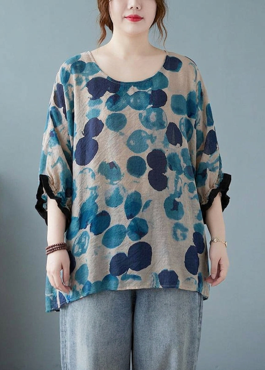 Linnea - Loose Blue Dotted Batwing Sleeve Cotton Linen Tee