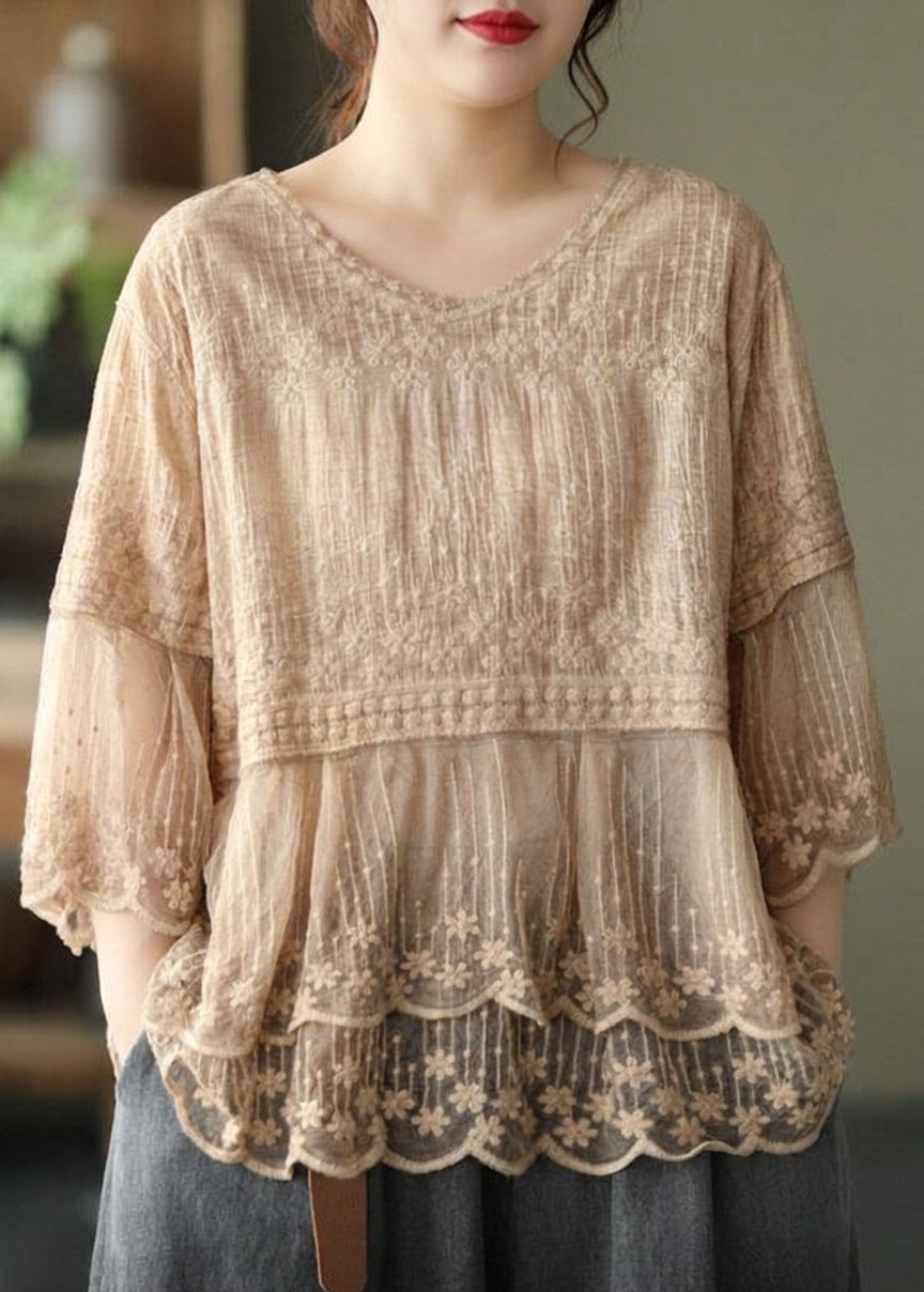Oona - Embroideried Patchwork Summer Shirts Half Sleeve