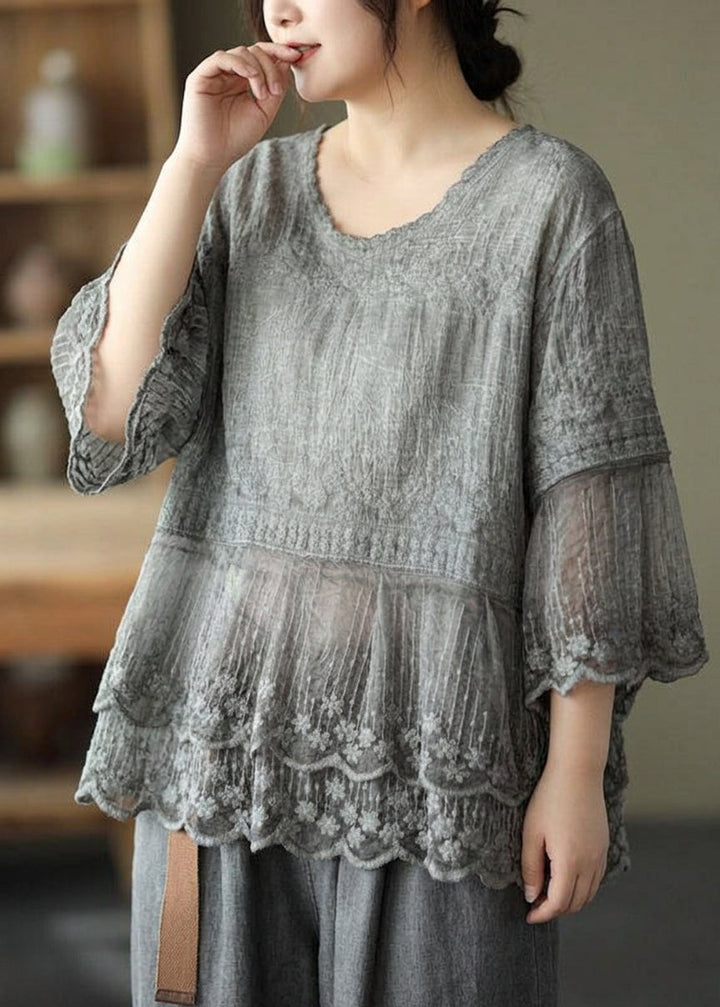 Oona - Embroideried Patchwork Summer Shirts Half Sleeve