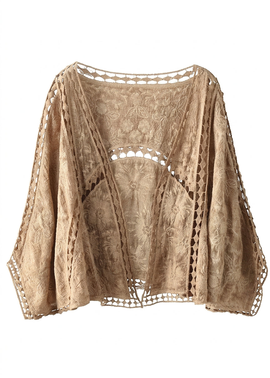 Niamh - Modern Khaki Jacquard Hollow Out Cotton Short Cardigans