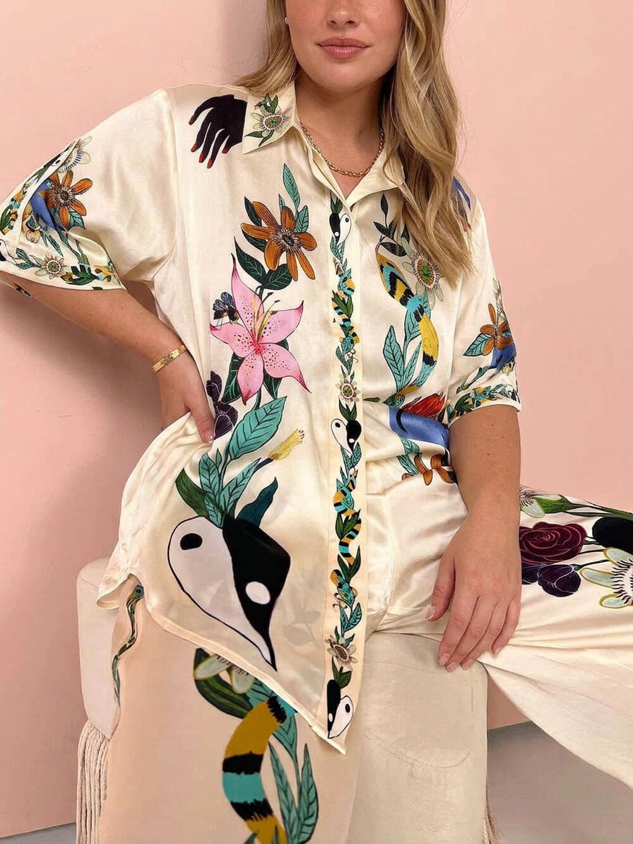 Ffion | Resort Vibes Satin unique print shirt &amp; Trousers set Fit