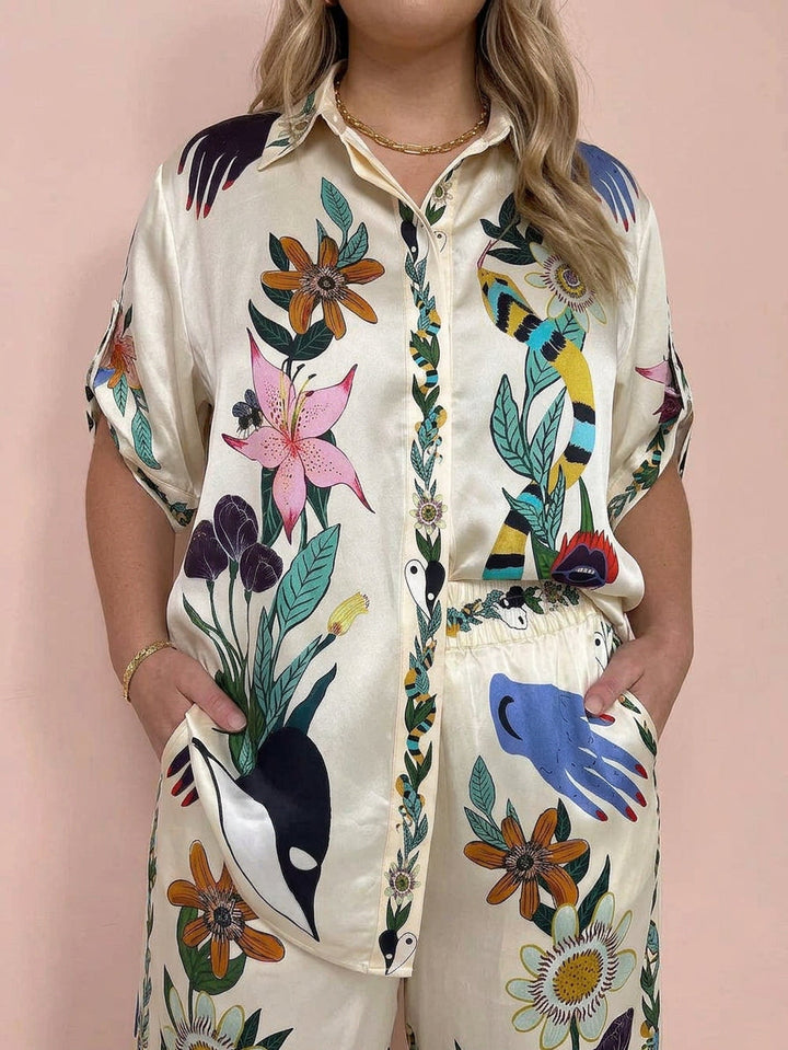Ffion | Resort Vibes Satin unique print shirt &amp; Trousers set Fit