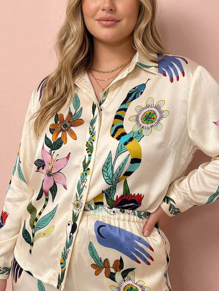 Ffion | Resort Vibes Satin unique print shirt &amp; Trousers set Fit