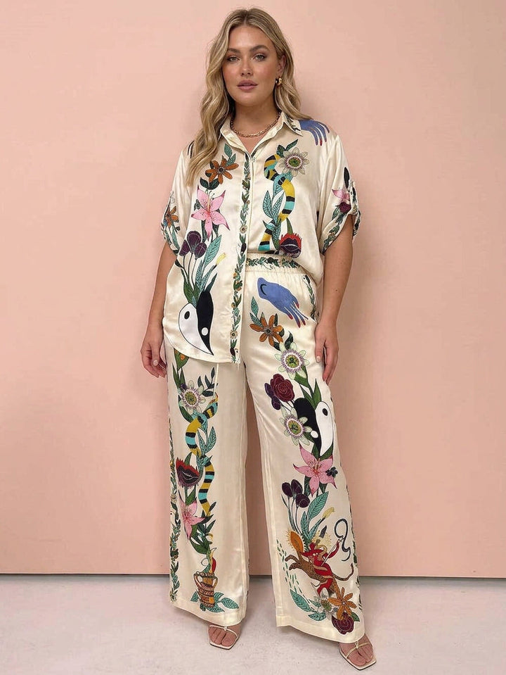 Ffion | Resort Vibes Satin unique print shirt &amp; Trousers set Fit