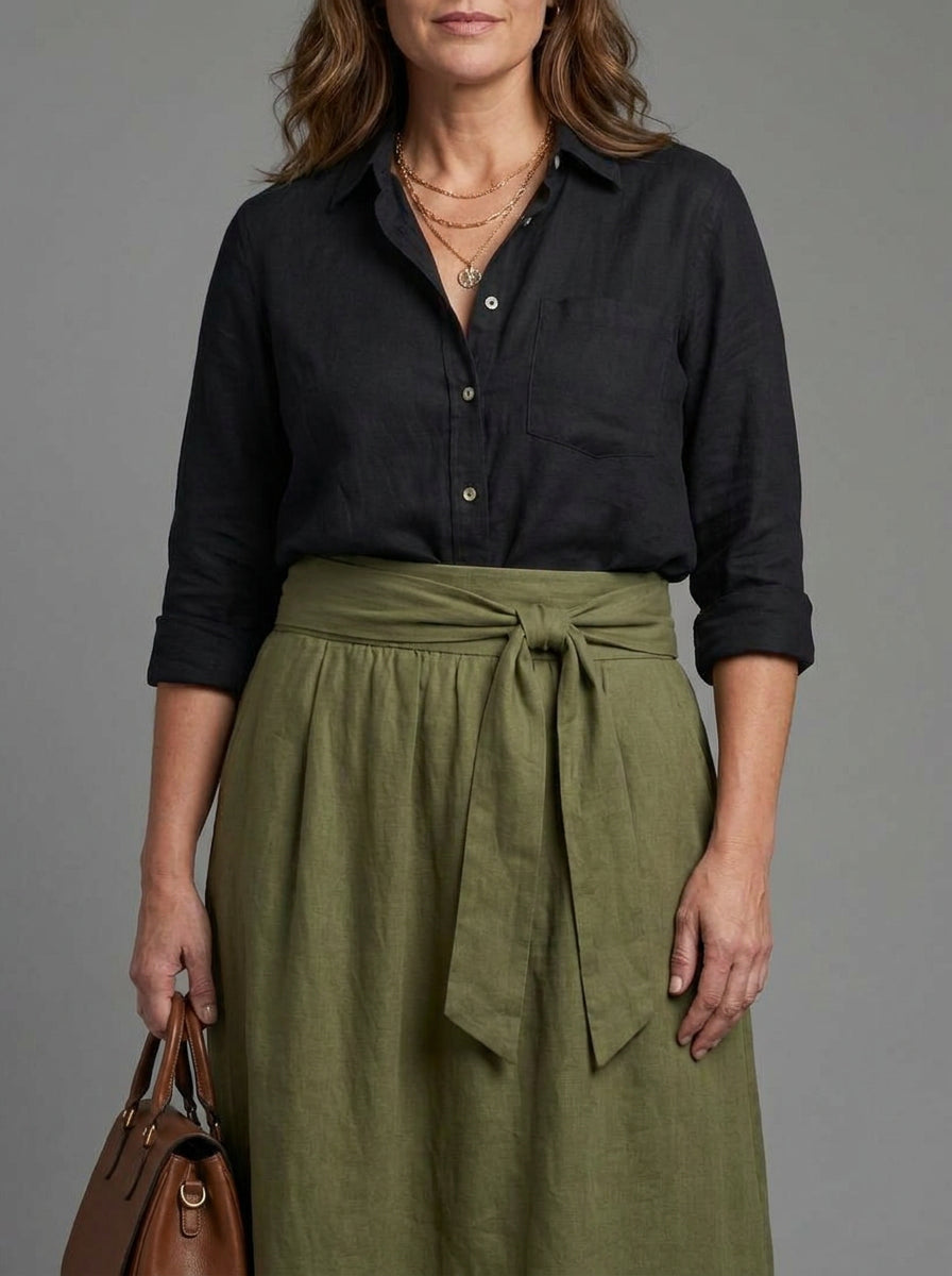 Tabitha | Two Piece Set Black Blouse Olive Green Midi Skirt