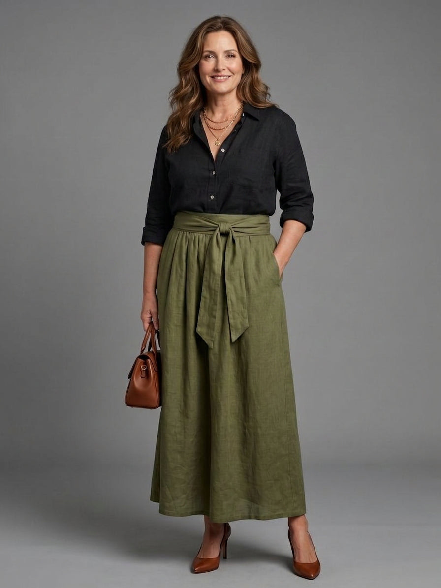 Tabitha | Two Piece Set Black Blouse Olive Green Midi Skirt