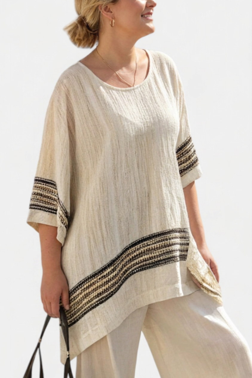 Genevieve — Top Elegant Linen With Black Stripes &amp; Flowing Trousers