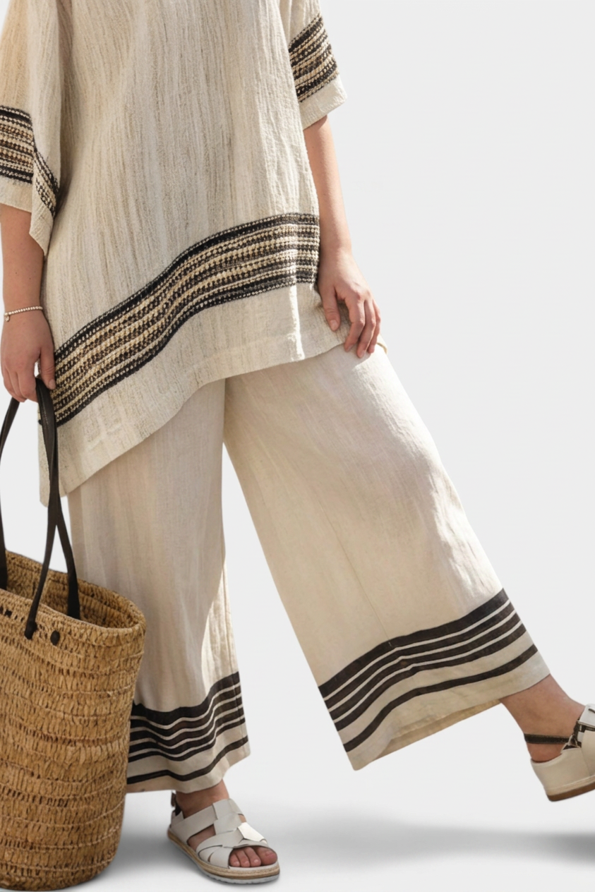 Genevieve — Top Elegant Linen With Black Stripes &amp; Flowing Trousers