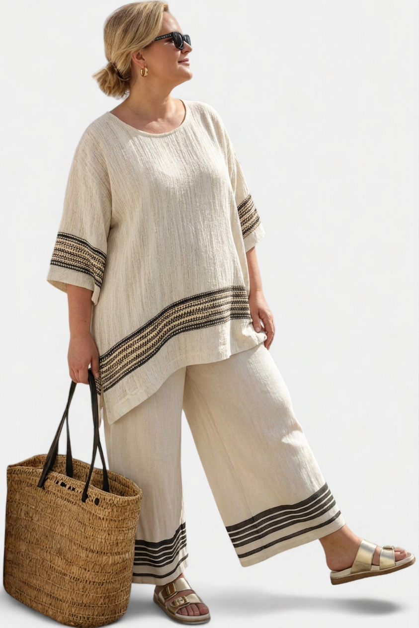 Genevieve — Top Elegant Linen With Black Stripes &amp; Flowing Trousers