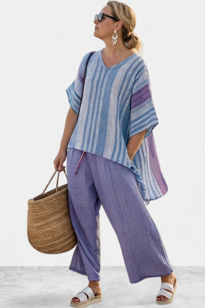 Vesper – Top Elegant in Lavender &amp; Sky Blue With Trousers Linen