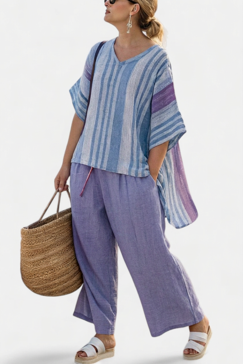 Vesper – Top Elegant in Lavender &amp; Sky Blue With Trousers Linen