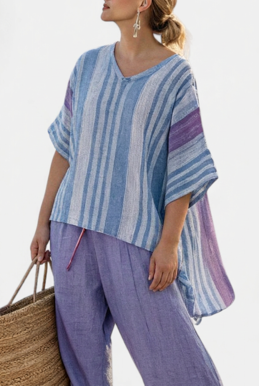 Vesper – Top Elegant in Lavender &amp; Sky Blue With Trousers Linen