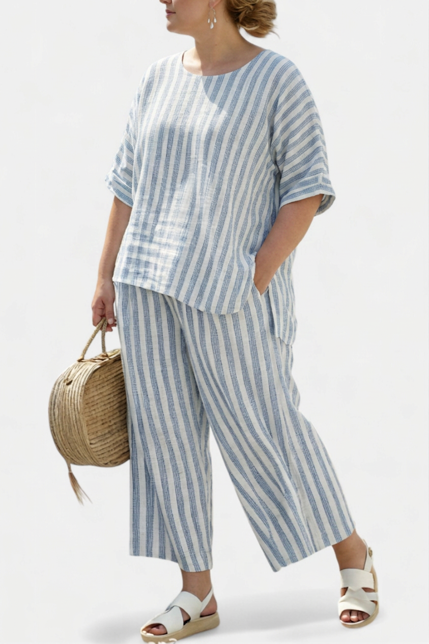 Calliope — Top Sophisticated Linen With Blue Stripes &amp; Relaxed Trousers