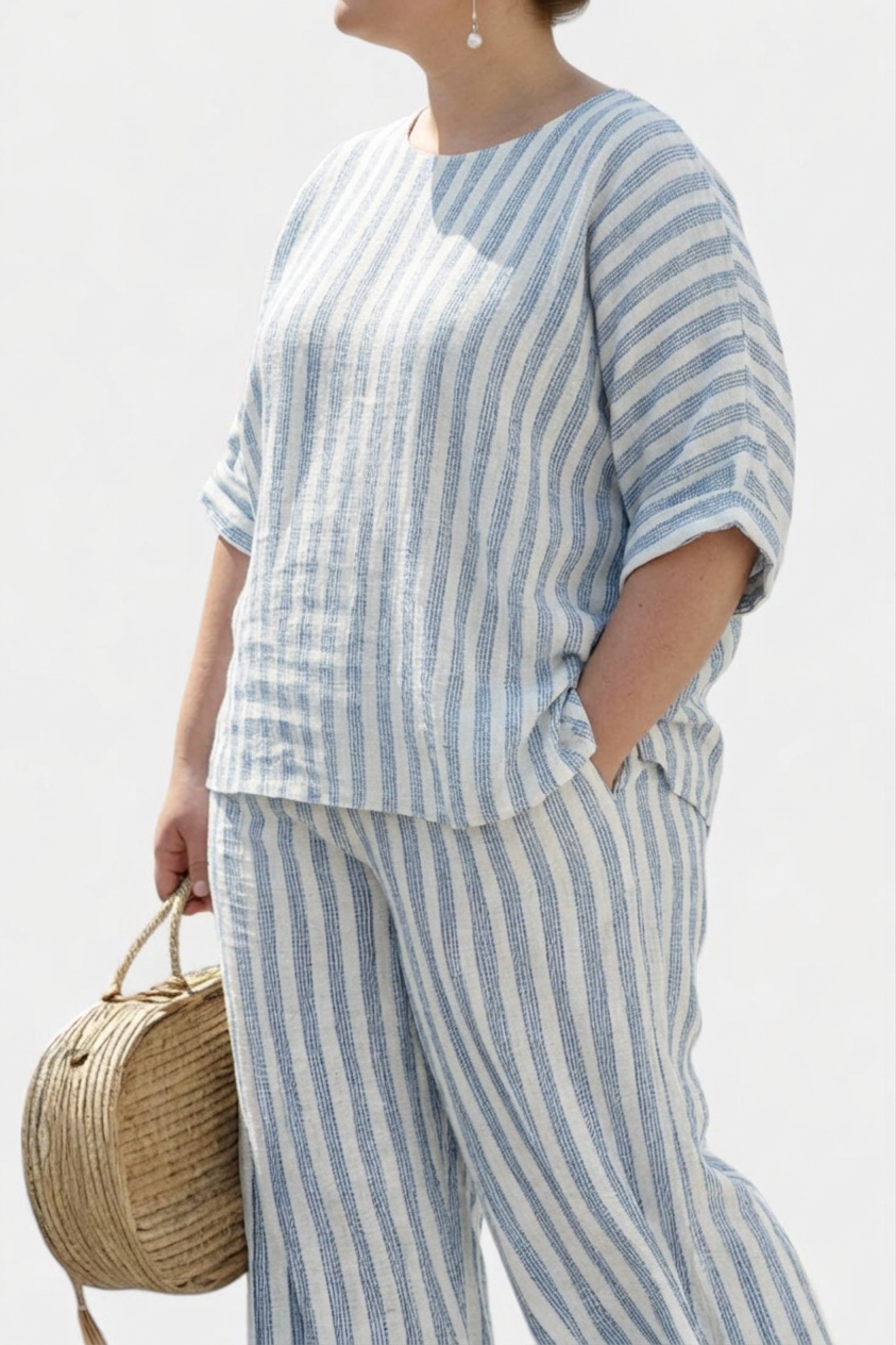 Calliope — Top Sophisticated Linen With Blue Stripes &amp; Relaxed Trousers