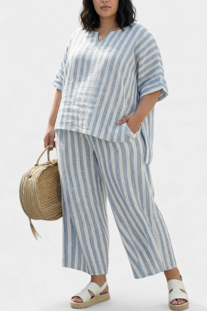 Calliope — Top Sophisticated Linen With Blue Stripes &amp; Relaxed Trousers