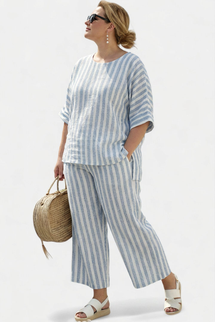 Calliope — Top Sophisticated Linen With Blue Stripes &amp; Relaxed Trousers