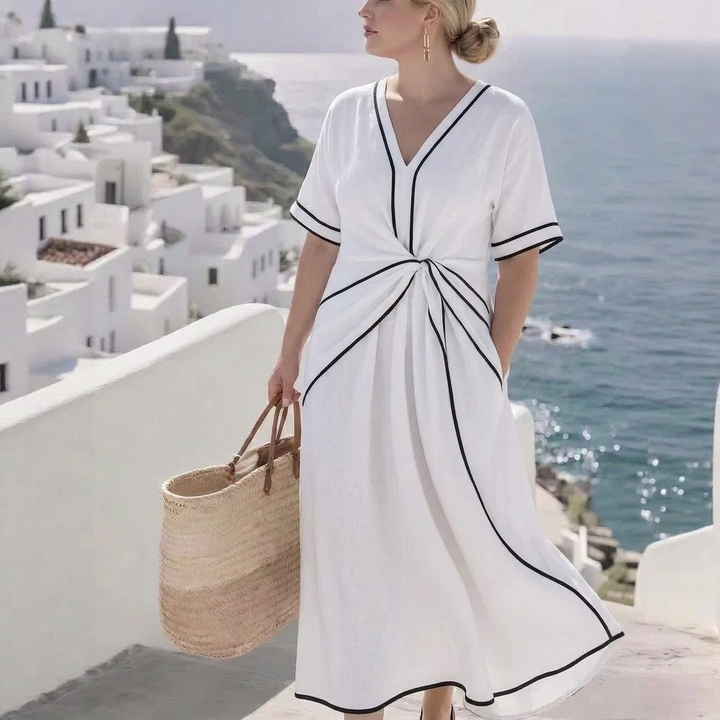 Oleander | Contrast Trim Twist-Front V-Neck Maxi Dress