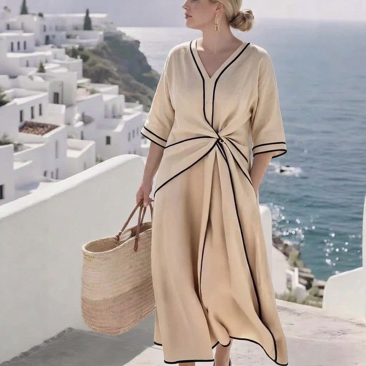 Oleander | Contrast Trim Twist-Front V-Neck Maxi Dress