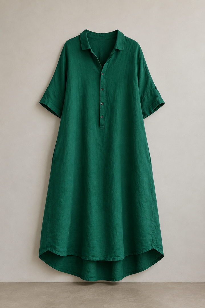 Sabine - Jade Green Linen Women Casual Linen Shirt Dress