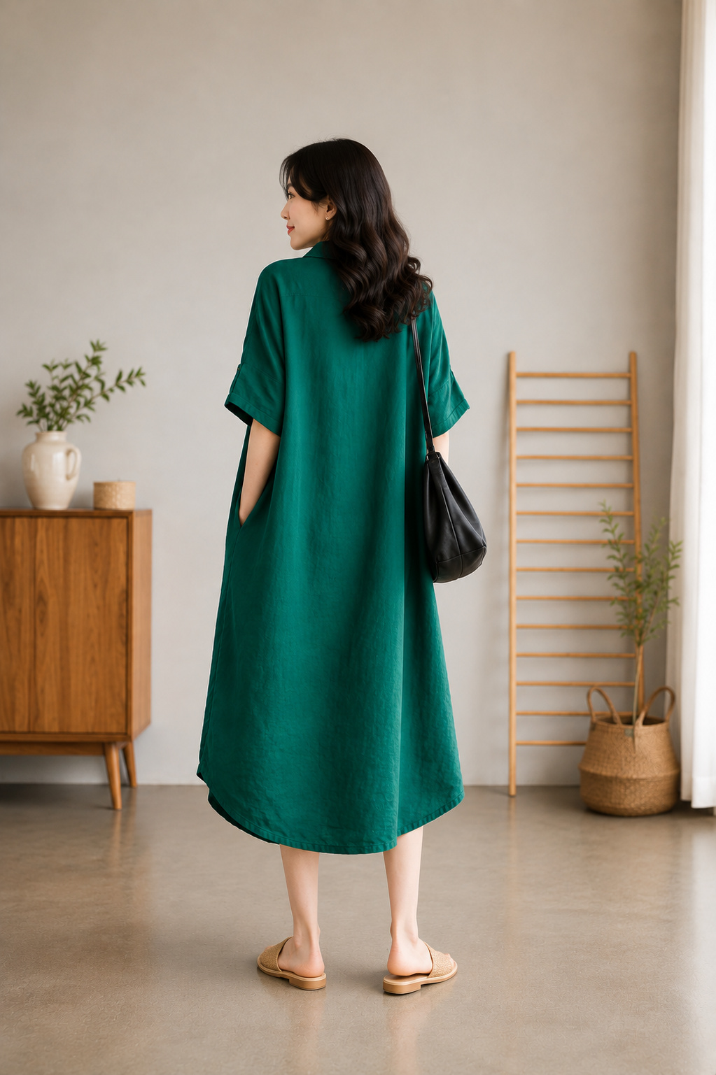 Sabine - Jade Green Linen Women Casual Linen Shirt Dress