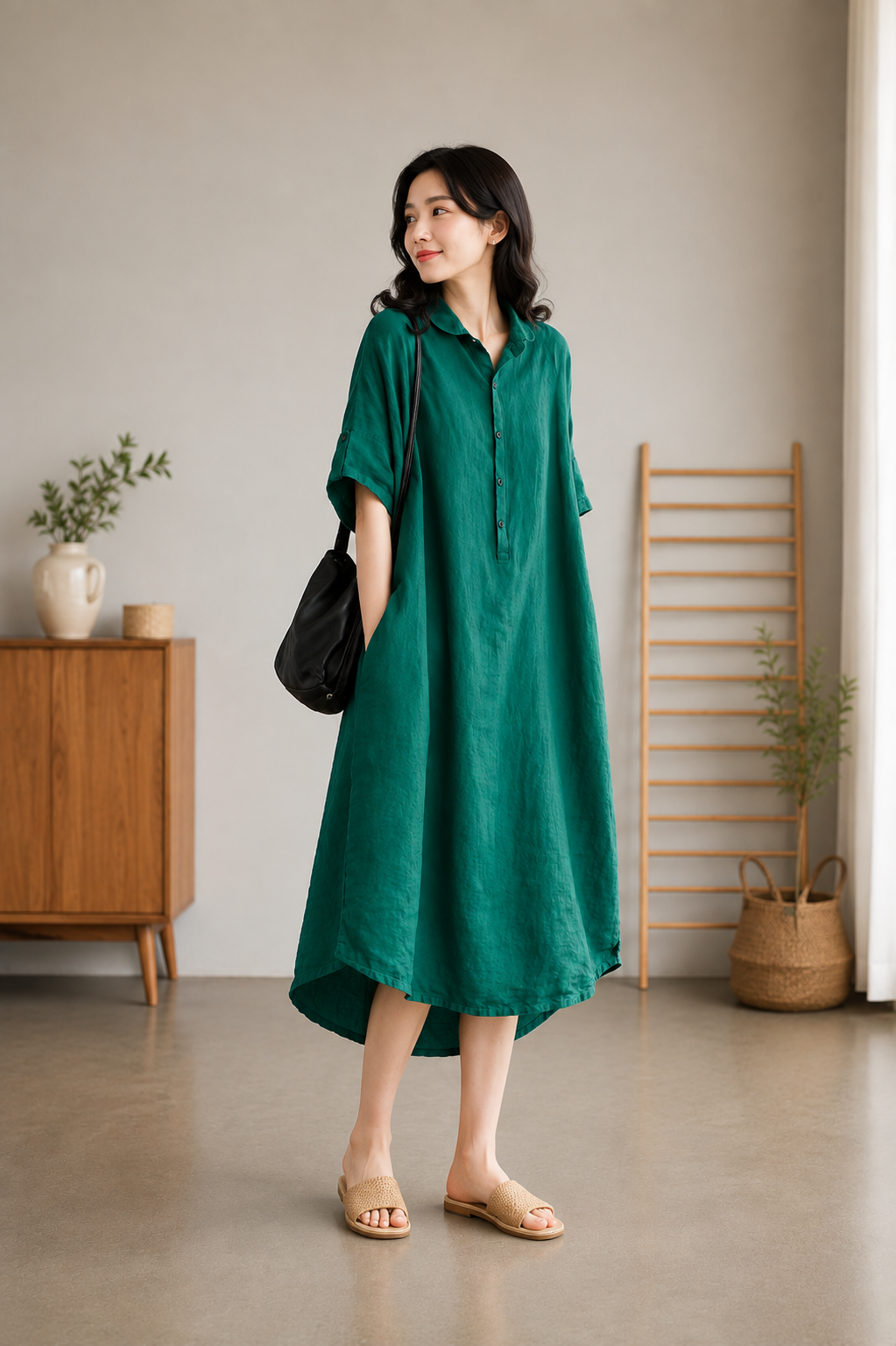 Sabine - Jade Green Linen Women Casual Linen Shirt Dress