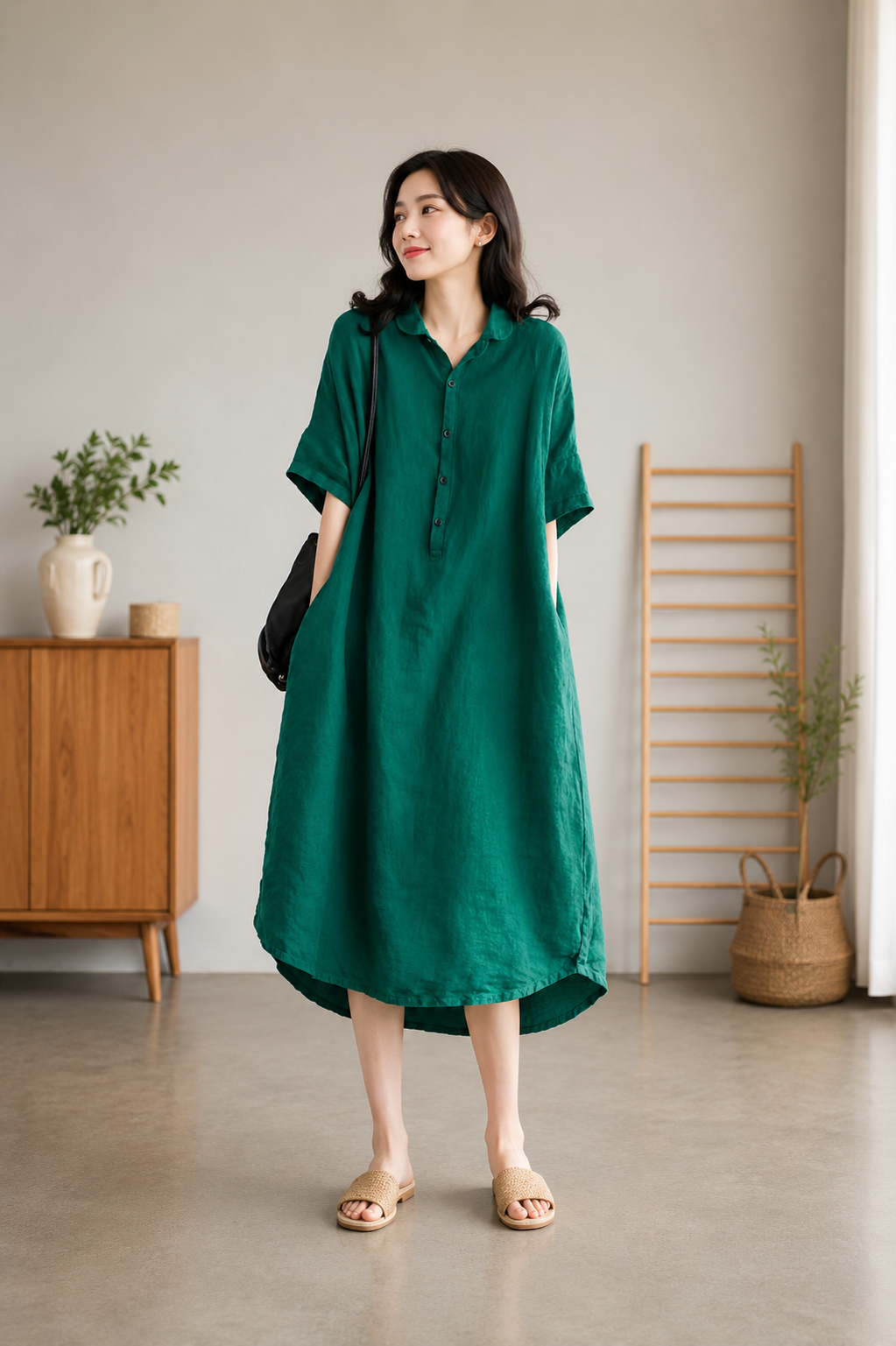 Sabine - Jade Green Linen Women Casual Linen Shirt Dress