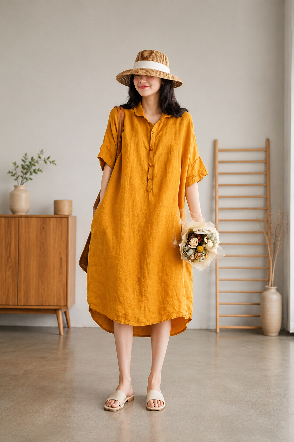 Sabine - Jade Green Linen Women Casual Linen Shirt Dress