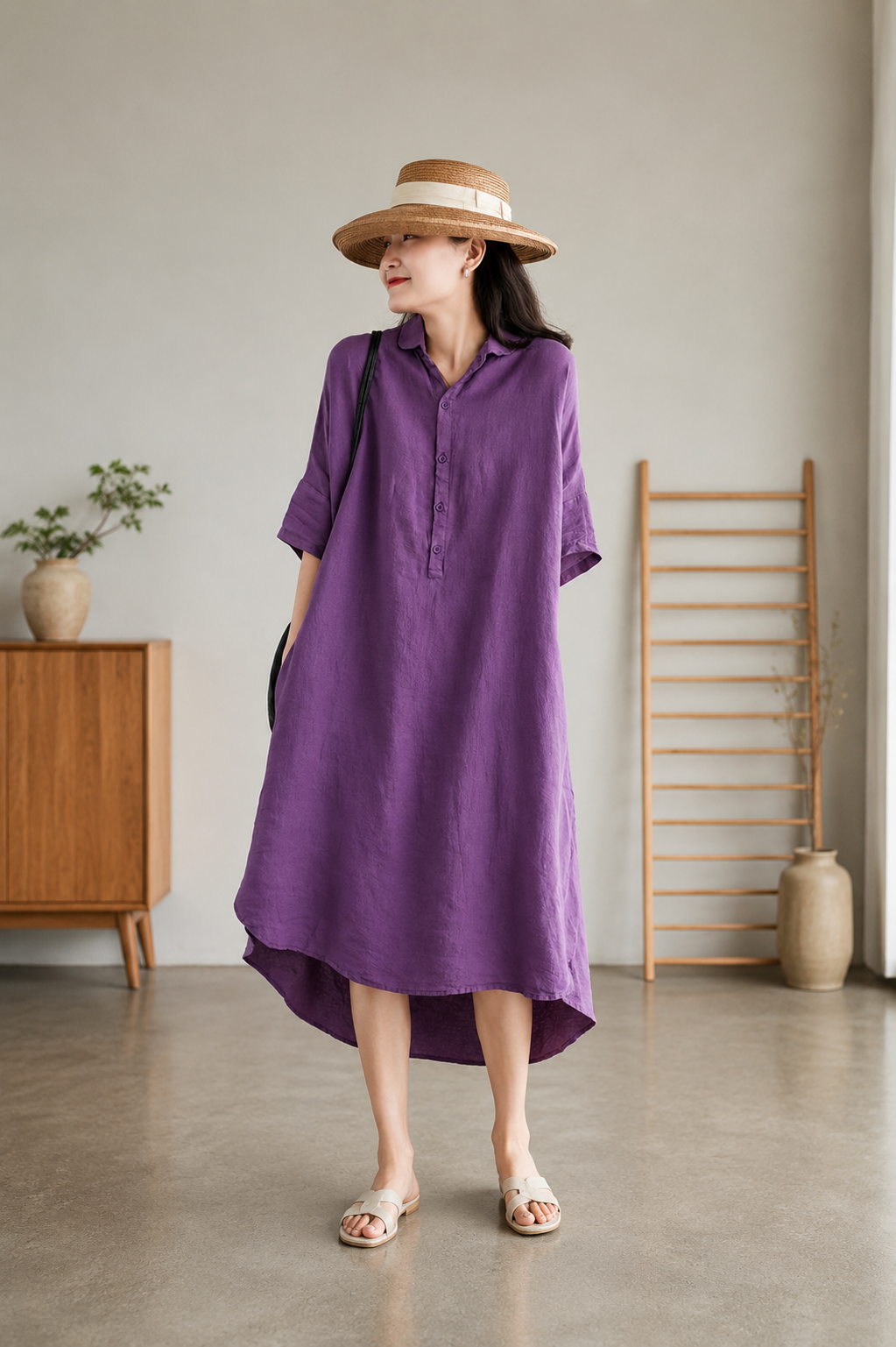 Sabine - Jade Green Linen Women Casual Linen Shirt Dress