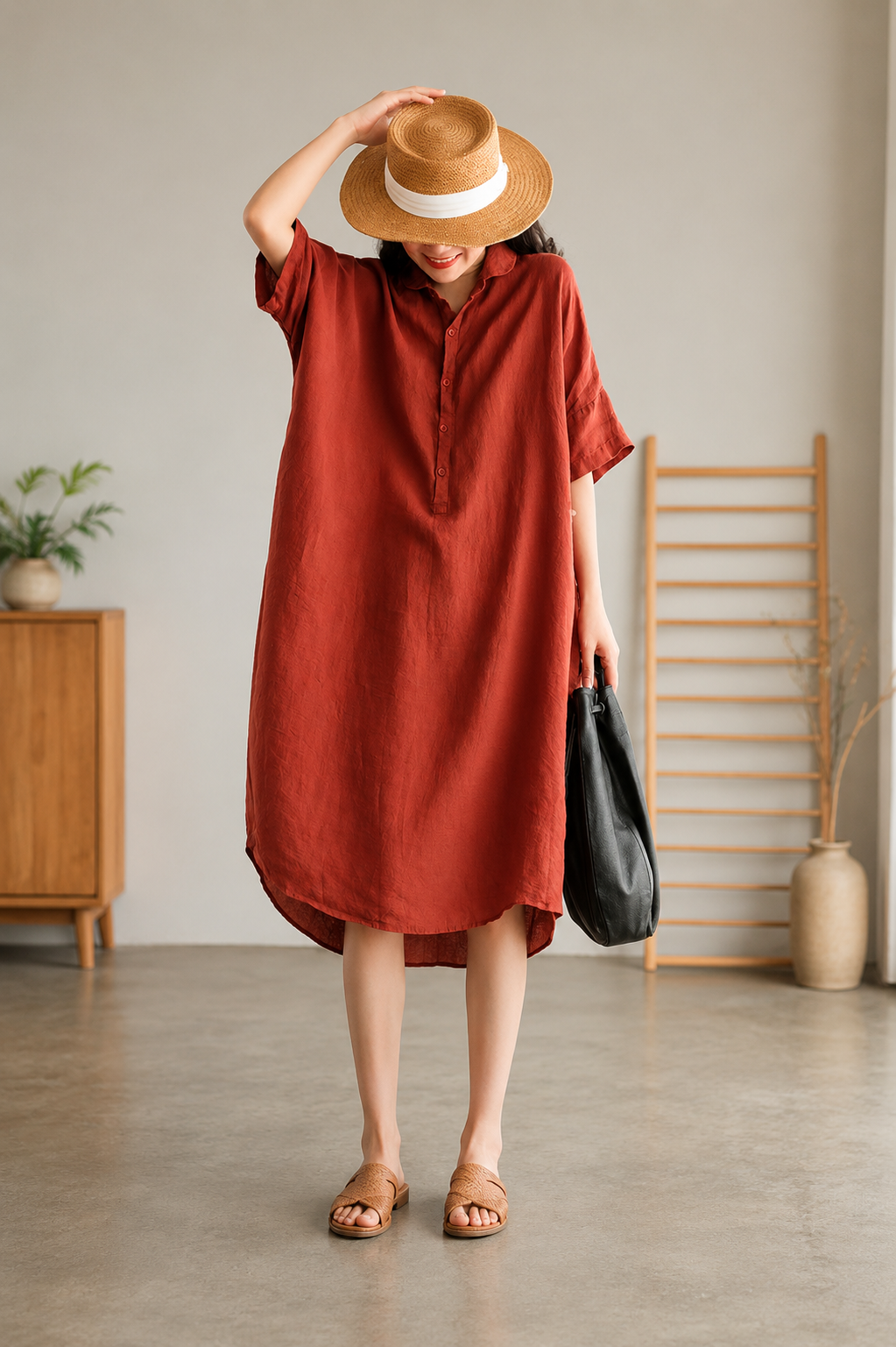 Sabine - Jade Green Linen Women Casual Linen Shirt Dress