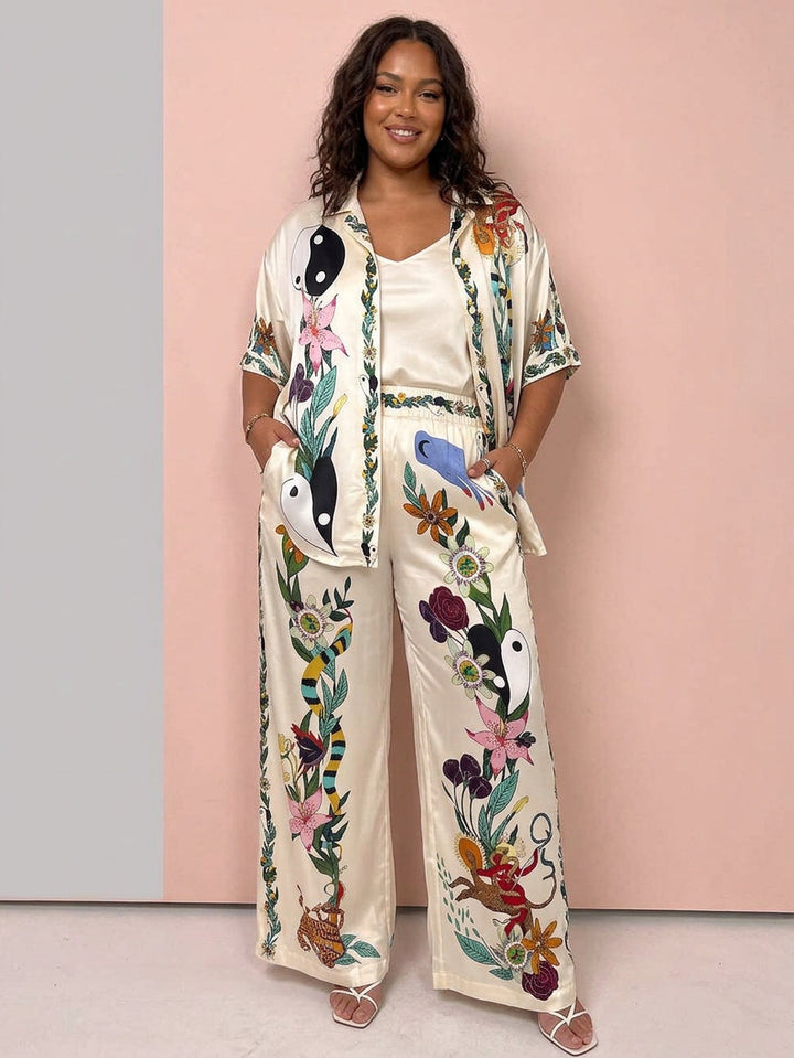 Ffion | Resort Vibes Satin unique print shirt &amp; Trousers set Fit