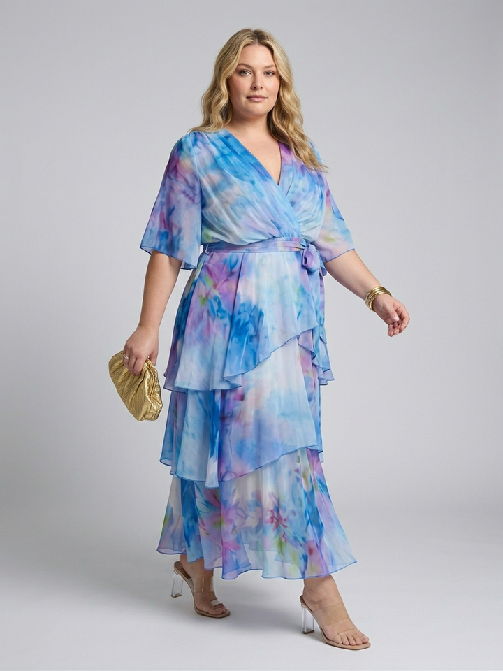 Maybelle | Sheer Layered V Neck Tie Waist Maxi Dress