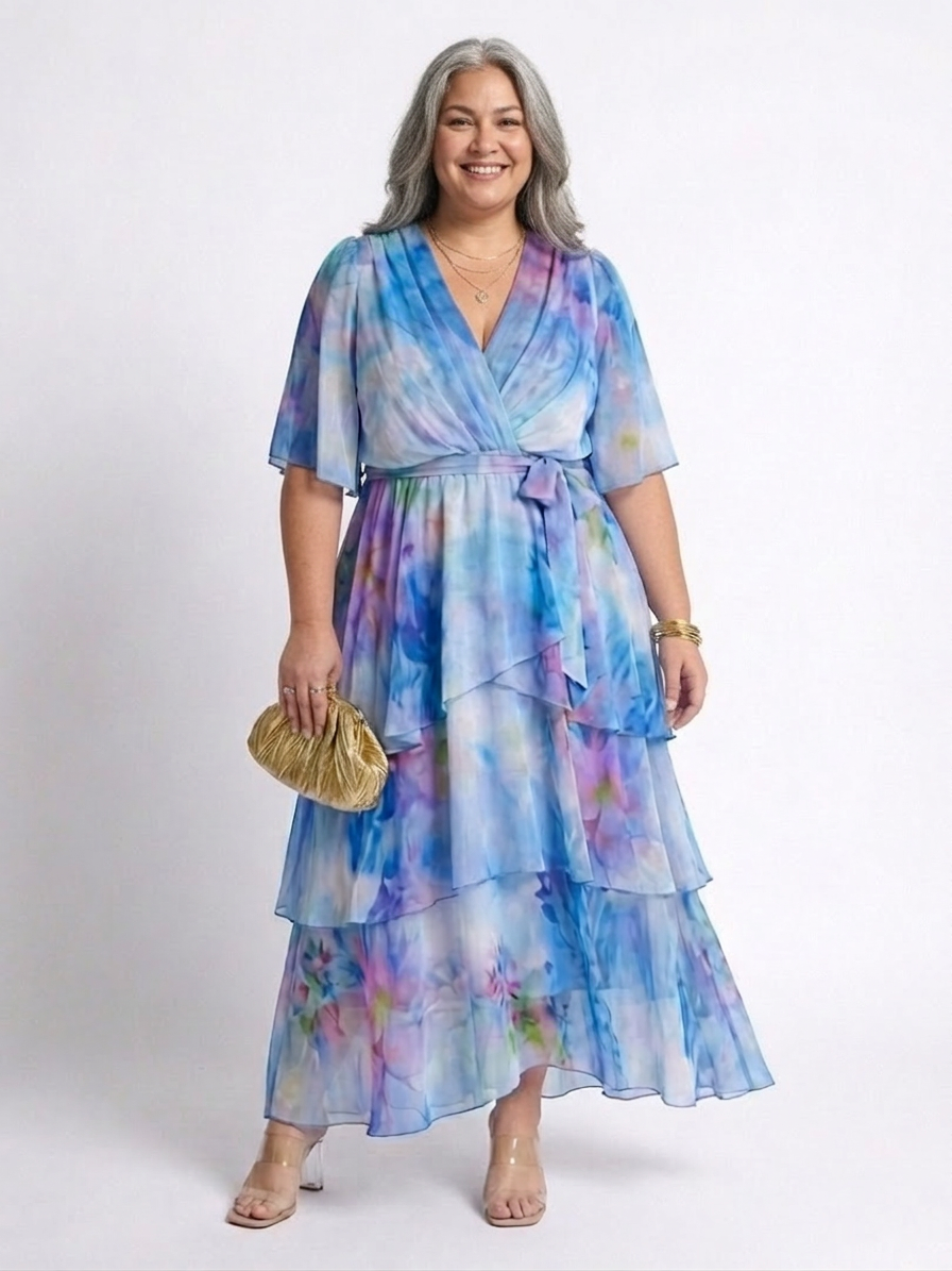 Maybelle | Sheer Layered V Neck Tie Waist Maxi Dress